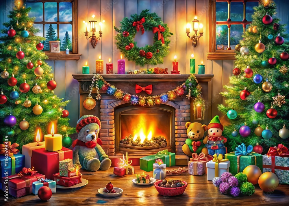 Fototapeta premium A Cozy Christmas Scene: Festive Toys and Colorful Garlands Adorning a Warm Fireplace with Flickering Candles Creating a Magical Holiday Atmosphere