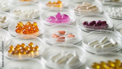 Petri dishes filled with small pills and powdered medicine showcasing laboratory setup for innovative medical research.