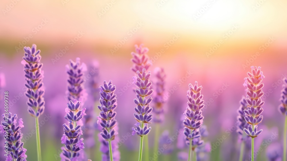 A field of purple lavender flowers with a bright orange sun in the background A field of purple lavender flowers with a bright orange sun in the background