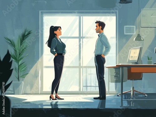 Office colleagues converse near sunlit window.