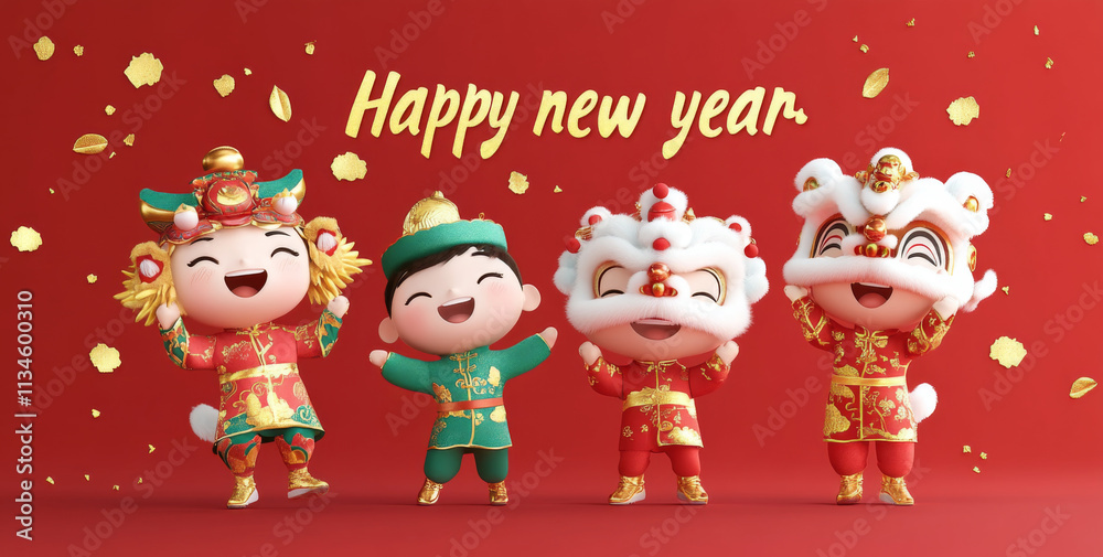 Happy New Year celebration with cheerful animated characters in festive attire, surrounded by gold confetti and decorations, symbolizing joy and prosperity Happy New Year celebration with cheerful animated characters in festive attire, surrounded by gold confetti and decorations, symbolizing joy and prosperity