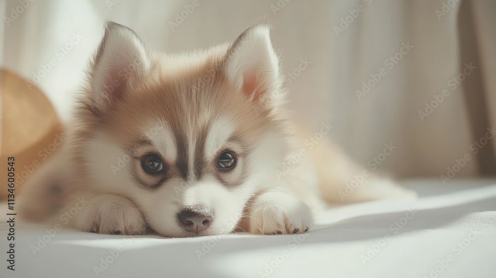Adorable Siberian Husky puppy lying on a soft white surface, looking at the camera with big, expressive eyes. Adorable Siberian Husky puppy lying on a soft white surface, looking at the camera with big, expressive eyes.