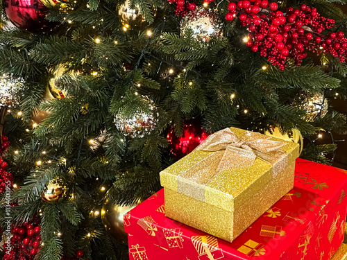New Year background, postcard. Beautifully wrapped gifts on the background of a Christmas tree