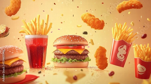 Wallpaper Mural Fast food delivery menu featuring burgers, cheeseburgers, nuggets, French fries, and fizzy soda drinks, highlighting junk food with low nutrition and high calorie content. Torontodigital.ca