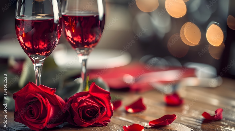 Romantic Setting with Wine Glasses and Red Roses for Special Occasions Romantic Setting with Wine Glasses and Red Roses for Special Occasions