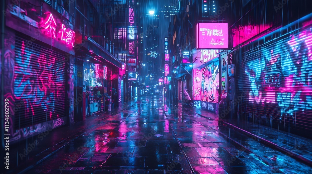 Moody Neon lit Alley in Rainy Futuristic City Landscape at Night Moody Neon lit Alley in Rainy Futuristic City Landscape at Night