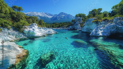 Turquoise water cove with white rocks, mountains, and a swimmer.