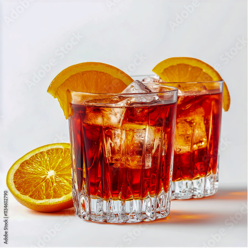 Classic Negroni Cocktails with Fresh Orange Slices on White Background. photo