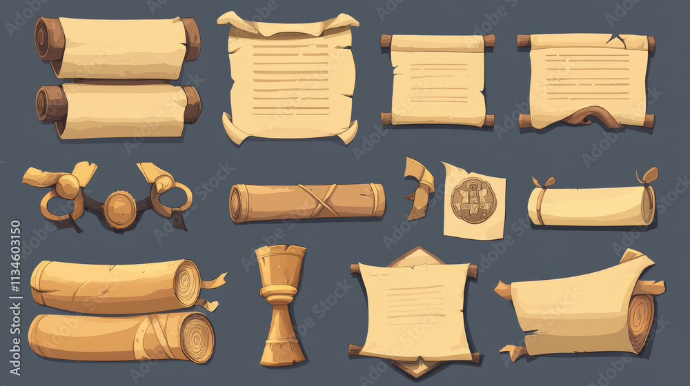 Ancient parchment scroll and paper page with text, ribbon and stamp. Cartoon game ui vector illustration set of old magic papyrus document, letter or map. Vintage medieval manuscript with message. Ancient parchment scroll and paper page with text, ribbon and stamp. Cartoon game ui vector illustration set of old magic papyrus document, letter or map. Vintage medieval manuscript with message.