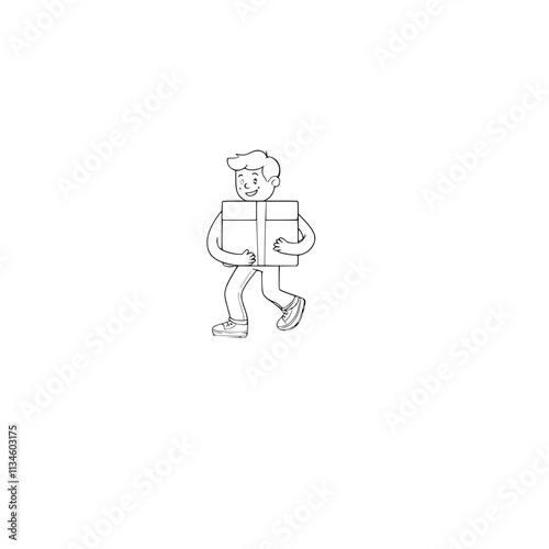A cartoon drawing in black and white of a person carrying a large, wrapped present