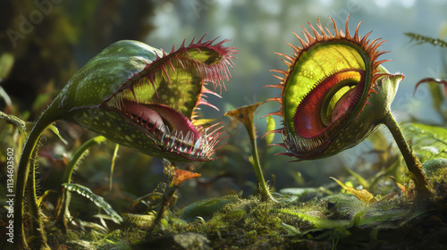 Scary carnivorous monster plants with flytrap on stem. Creepy dangerous fantasy flowers with mouth and teeth. Cartoon vector illustration set of horrible predatory alien poisonous creatures.
