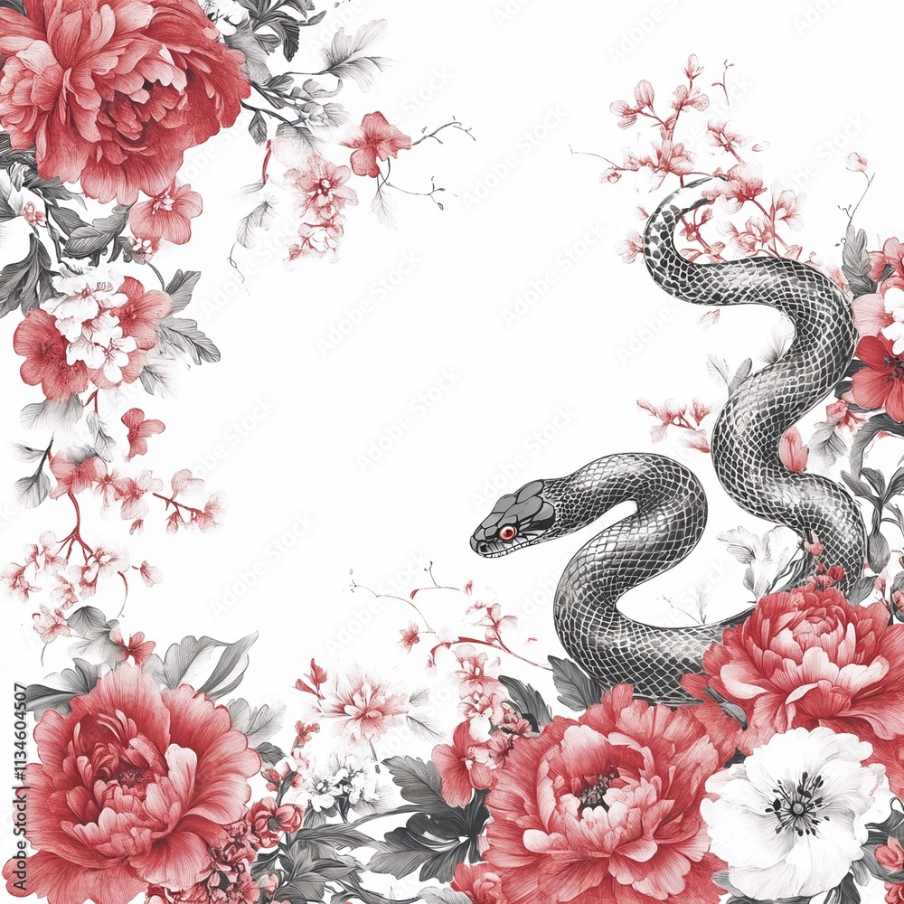 Obraz premium Snake and floral arrangement in red and black illustration