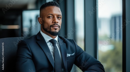 A confident businessman sits in a modern office, exuding professionalism and focus, wearing a tailored suit and surrounded by a backdrop of glass windows.