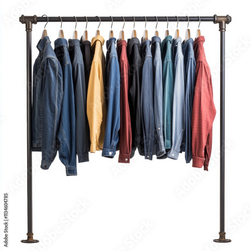 Men's shirts hanging on hangers on a white background