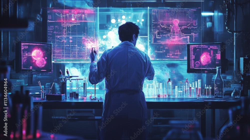 Person in lab coat interacts with glowing screens.