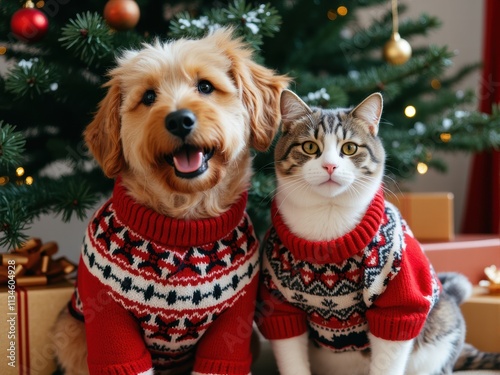 Dog and Cat in Matching Christmas Sweaters