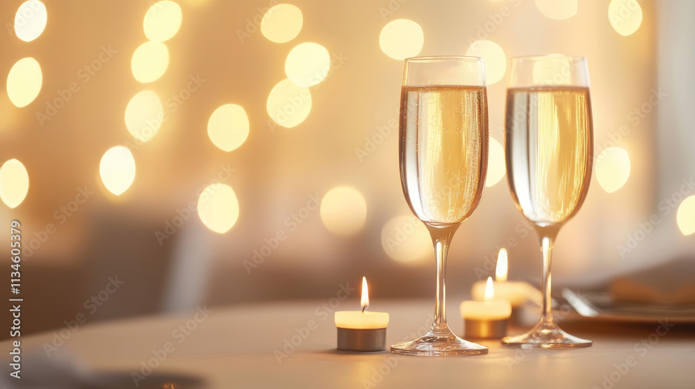 Table with two champagne flutes and lit candles sets a romantic ambiance, with sparkling lights in the background Table with two champagne flutes and lit candles sets a romantic ambiance, with sparkling lights in the background