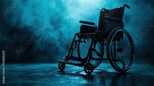 An empty wheelchair is illuminated against a backdrop of blue mist, symbolizing solitude and the potential for movement, empowerment, or change.