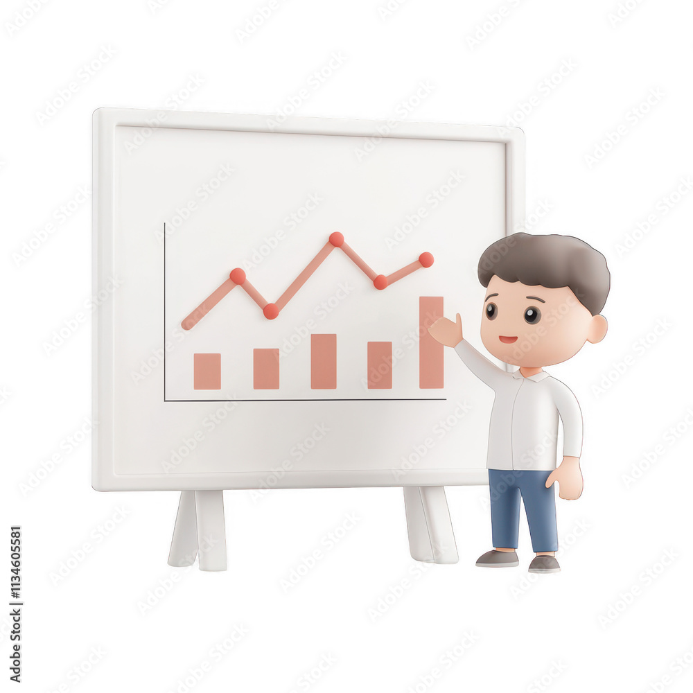 A cartoon character presenting data on a whiteboard for a business meeting., isolated on a transparent background. A cartoon character presenting data on a whiteboard for a business meeting., isolated on a transparent background.