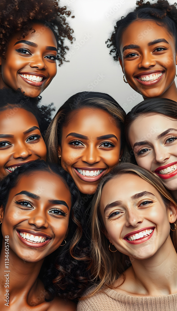 Ethnic diversity and beauty Group of women of various races with beautiful white smiles with white background, 8k unreal engine photorealism