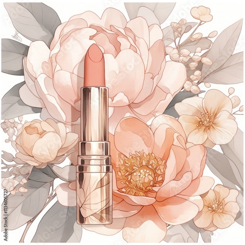 lipstick advertising concept, fashion watercolor illustration, delicate romantic floral background