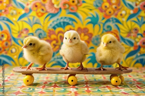 Adorable Easter Chicks on Skateboards in a Vibrant Hand-Drawn Pattern for Spring Celebrations with a Playful and Colorful Touch photo