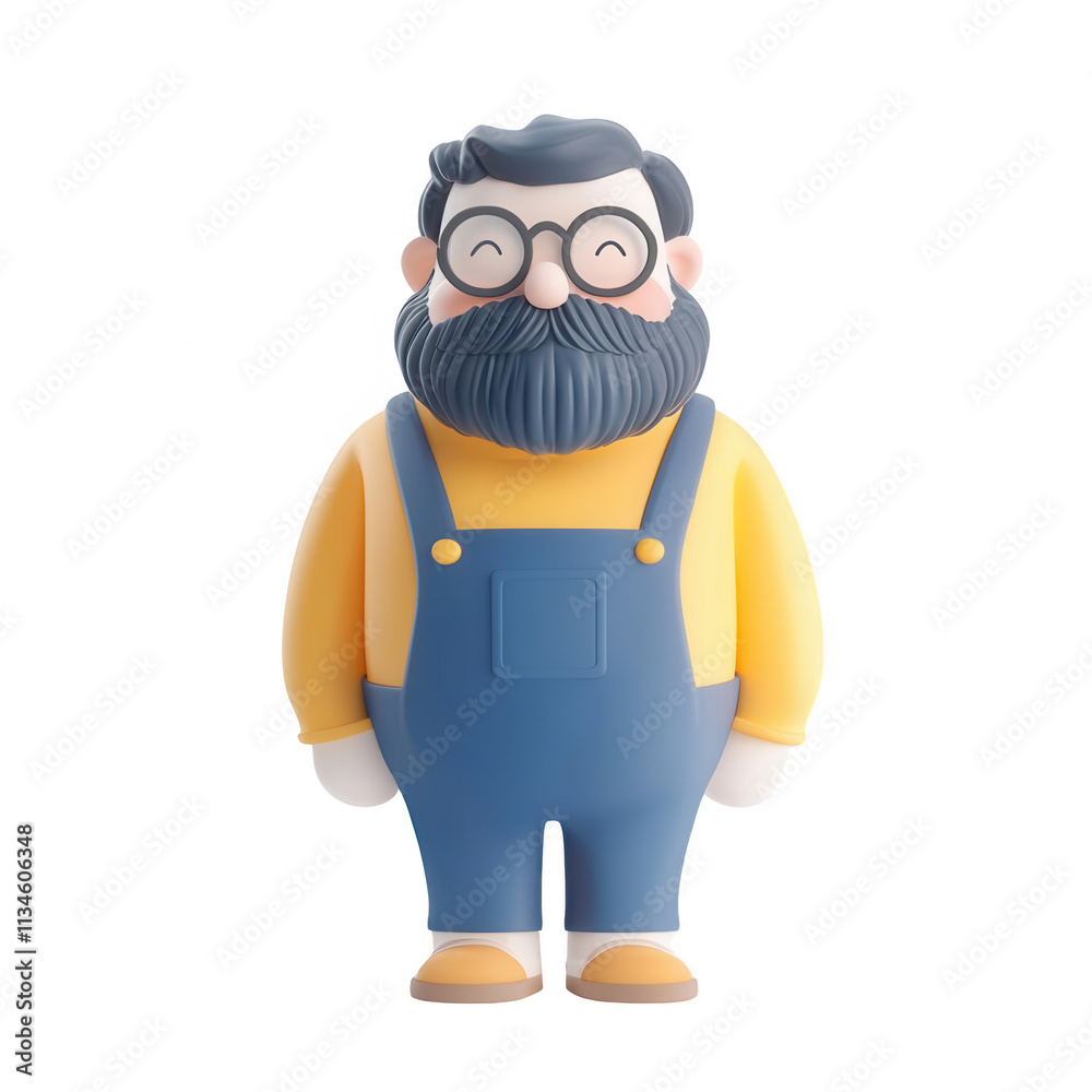 A cheerful cartoon character with glasses and a beard, wearing blue overalls., isolated on a transparent background.