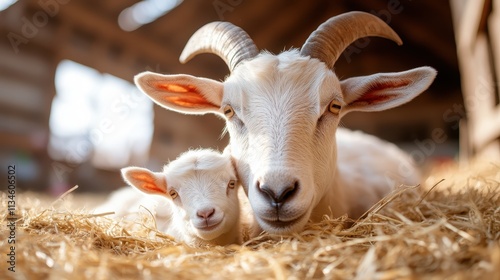 Lying comfortably within a wooden barn, a pair of goats rest together on straw, their expressions portraying peace and companionship in this harmonious rural scene.