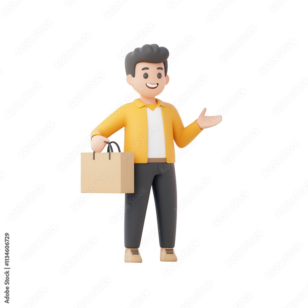 A cheerful character in casual attire, holding a shopping bag, ready to assist., isolated on a transparent background. A cheerful character in casual attire, holding a shopping bag, ready to assist., isolated on a transparent background.
