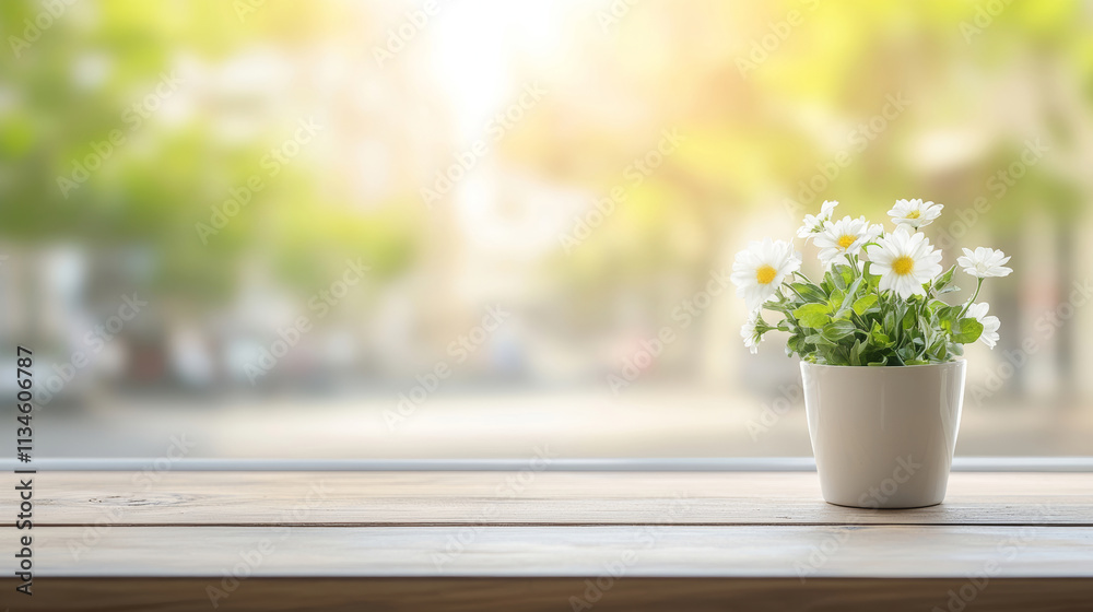 White daisies in a pot rest on a wooden windowsill, with a sunny street scene in the background, evoking a serene cafe ambiance White daisies in a pot rest on a wooden windowsill, with a sunny street scene in the background, evoking a serene cafe ambiance