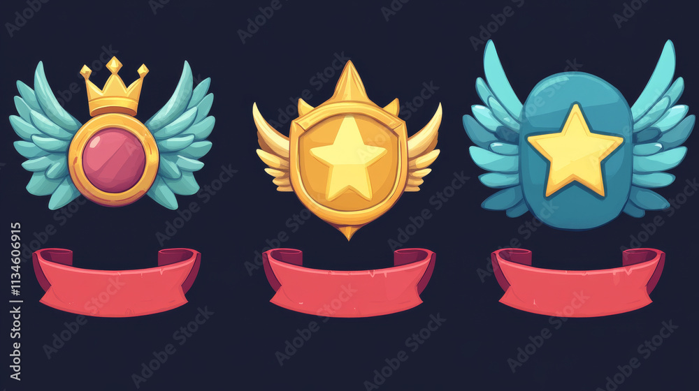 Circle badge frame for game ui avatar design with wings, golden crown and yellow star, red ribbon banner. Cartoon vector illustration set of empty fantasy round reward border interface elements. Circle badge frame for game ui avatar design with wings, golden crown and yellow star, red ribbon banner. Cartoon vector illustration set of empty fantasy round reward border interface elements.