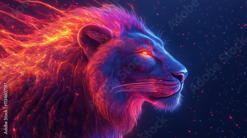 Digital art style, a futuristic lion with neon highlights, vibrant colors, and a sleek, modern design. photo