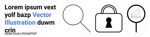 Magnifying glasses highlighting analysis and search, padlock signifying security. Ideal for data analysis, search optimization, online security, privacy protection, cybersecurity, digital