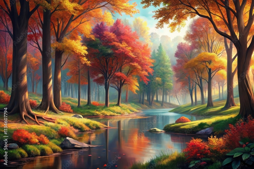 Naklejka premium Tranquil autumn forest illustration capturing serene beauty in the beautiful season