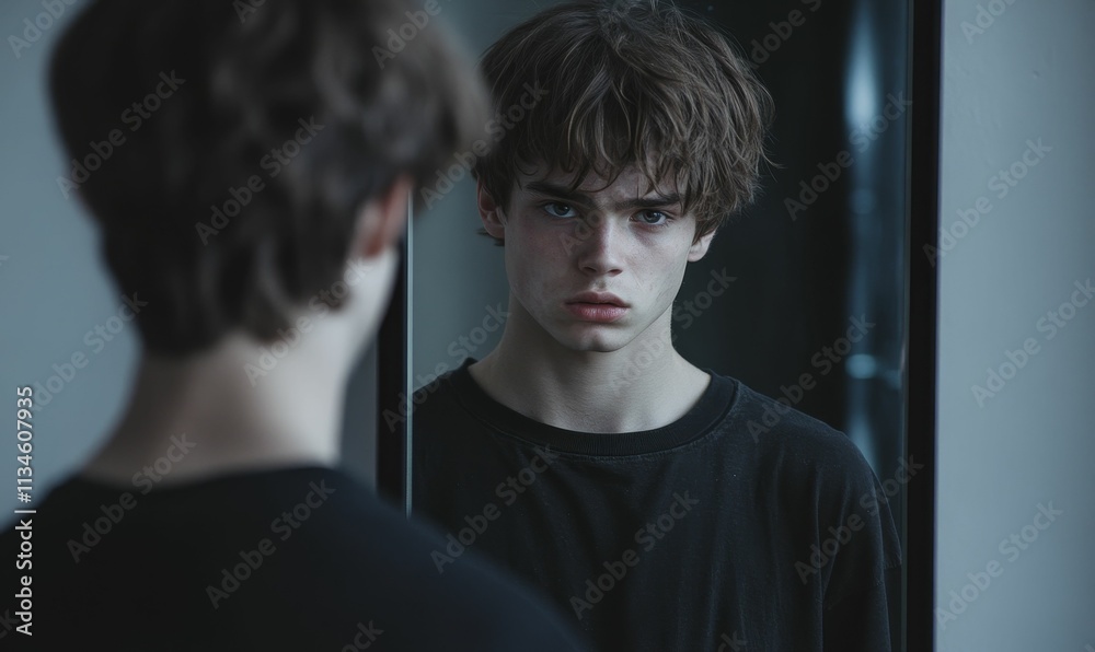 Youthful reflection, serious expression, dark clothing, mirror. Youthful reflection, serious expression, dark clothing, mirror.