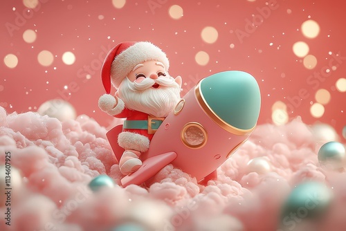 cartoon style, a cute Santa Claus sitting on a rocket, pastel-colored background
