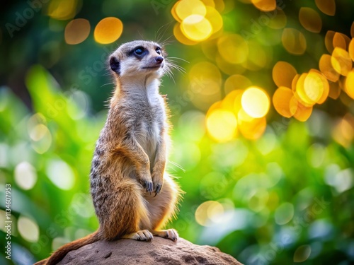 Wallpaper Mural Adorable meerkat standing upright on a rock, curiously surveying its surroundings, with a dreamy bokeh effect enhancing the soft natural light and lush greenery in the background. Torontodigital.ca