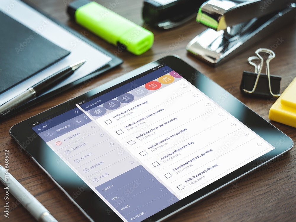 A digital tablet displaying a to-do list on a workspace with office supplies. A digital tablet displaying a to-do list on a workspace with office supplies.