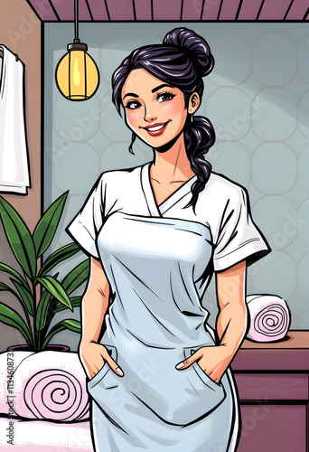 Smiling beauty therapist standing beside massage towel, comic art, with white tones