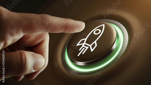 Finger pressing a rocket launch button with green LED light