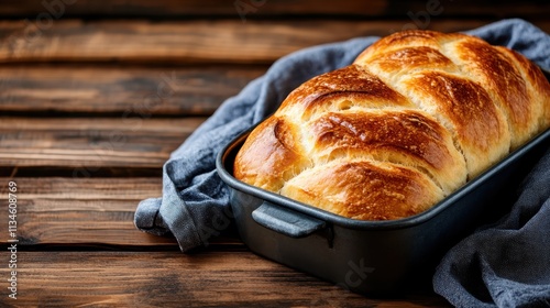 A beautifully braided loaf of bread rests in a dark baking pan, its golden crust contrasting with the wooden table, symbolizing tradition and the art of baking. photo