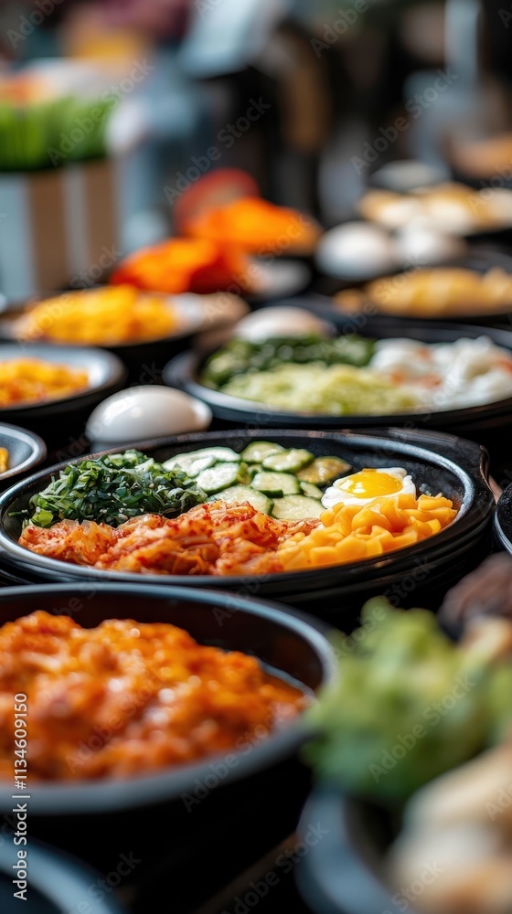 Obraz premium Delicious Korean Bibimbap Bowls in a Buffet Setting