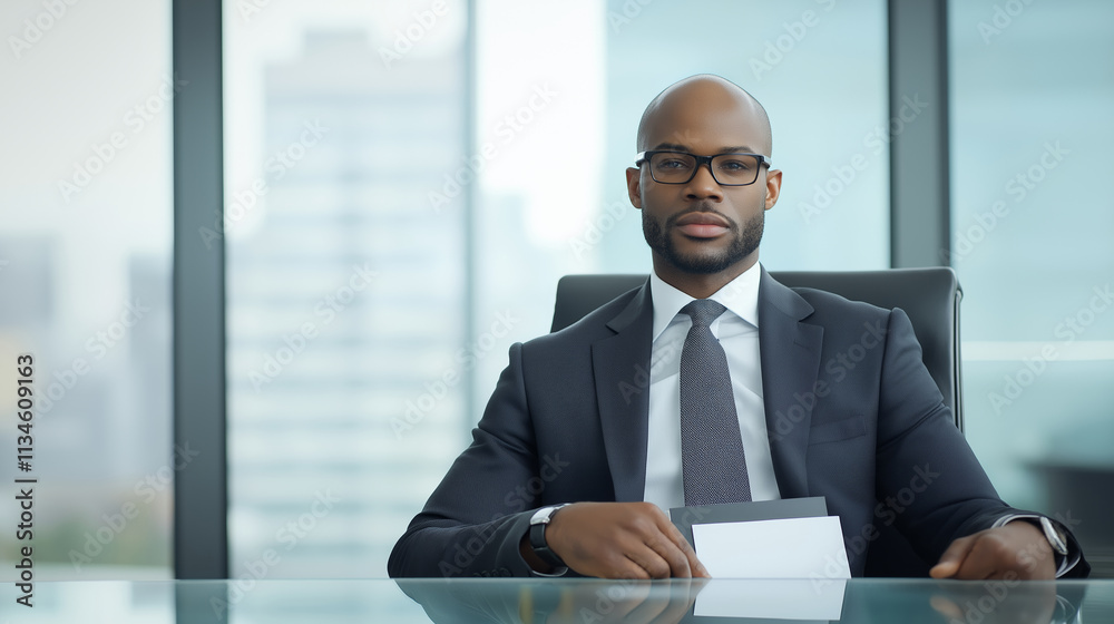 Confident businessman with resume ready for interview or meeting sits at glass table in modern office