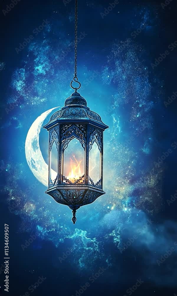 Ornamental Arabic lantern with burning candle glowing isolated blue crescent background. Ramadan greeting vertical video. Ornamental Arabic lantern with burning candle glowing isolated blue crescent background. Ramadan greeting vertical video.