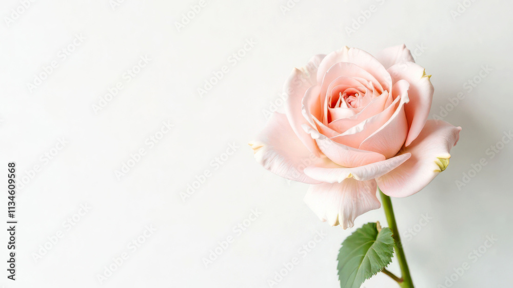 Elegant pale pink rose bloom against soft white background Elegant pale pink rose bloom against soft white background