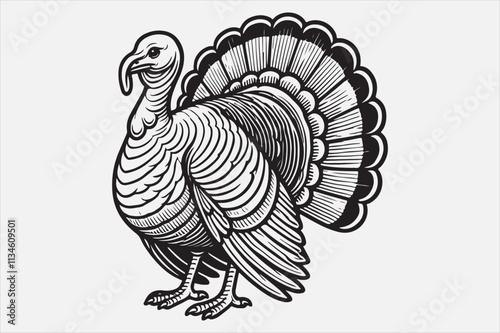 A black and white line art illustration of a turkey standing upright.