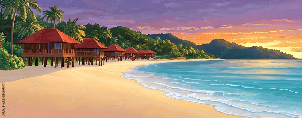 Fototapeta premium Sunset over Idyllic Tropical Beach with Overwater Bungalow Resort