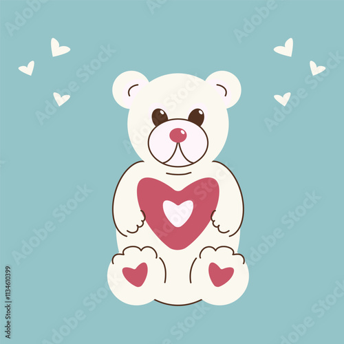 A flat illustration of a simple cute teddy bear with hearts. Festive drawing for postcards, stickers, greetings.