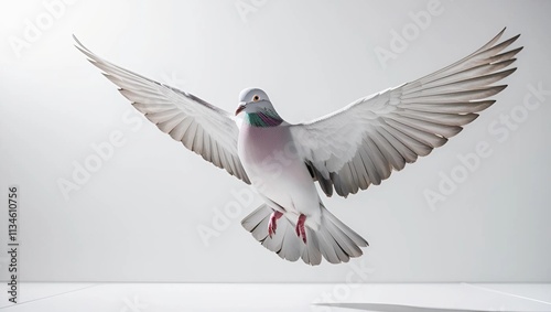 A majestic flying white pigeon with delicate feathers and subtle gray undertones, its wings outstretched and curved, set against a pristine white background that provides a clean and minimalist contra