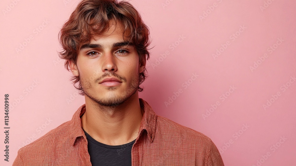 A young man stands confidently against a pastel pink backdrop, displaying casual attire and relaxed demeanor A young man stands confidently against a pastel pink backdrop, displaying casual attire and relaxed demeanor